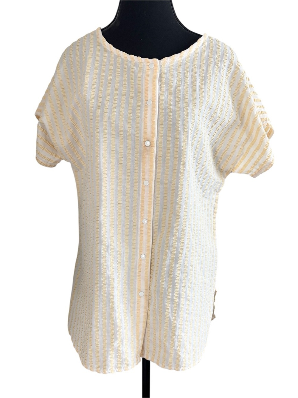 Vintage Striped Snap Front Short Sleeve Top Yellow & White